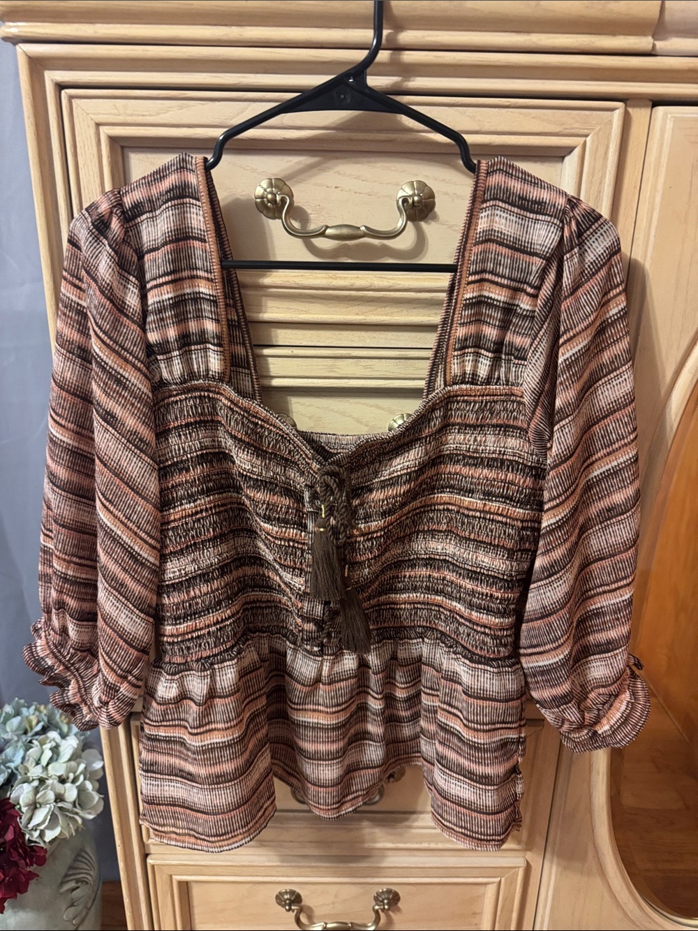 Shyanne Striped Rust Tie-Front Peasant Top - Women - Picture 2 of 9